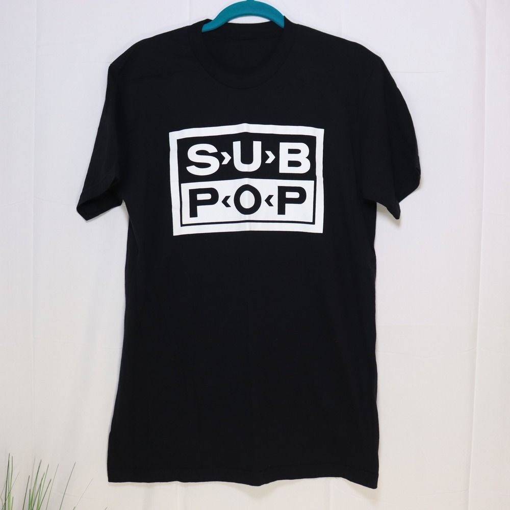 Sub Pop Records T-Shirt Mens Small Black Excellent Grunge Logo Graphic Tee